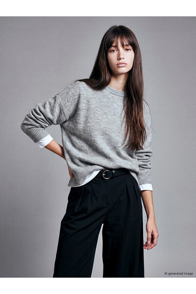 LC Waikiki Γυναικείο πλεκτό πουλόβερ XSIDE Grey Crew Neck oversized