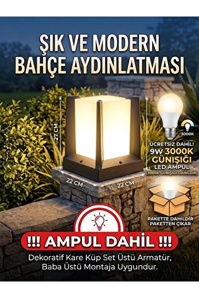 ECONA Modern Bahçe Aydınlatma Armatürü Set Üstü Baba Üstü, Dekoratif Kare Küp...