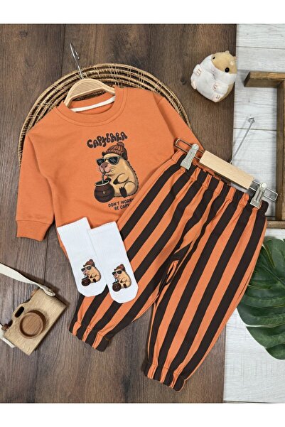my petit panda Capybara Printed Oversize Sweatshirt, Stripe Printed Trousers,...
