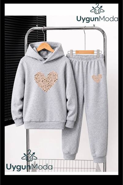 UygunModa Winter Leopard Heart Printed Hooded Thick Cotton Inside Track Suit ...