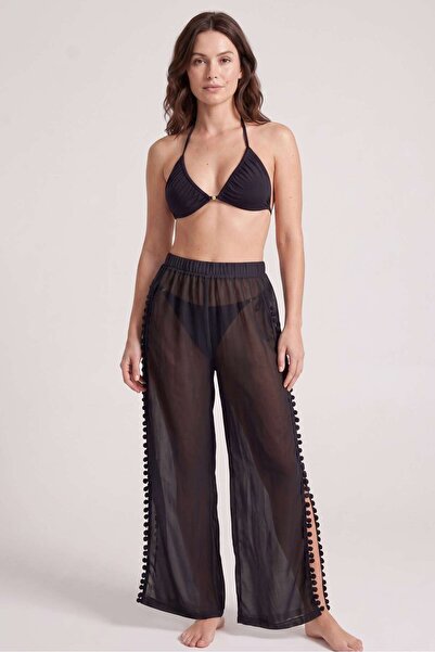 OBJE Women's Black Pompom Detailed Slit Pants Pareo