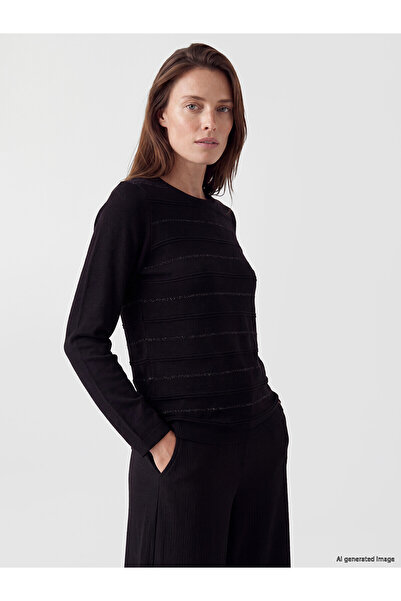 LC Waikiki Nevavm Lcw Grace Black Oval Collar Striped Women's Knitwear Sweate...