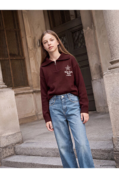 LC Waikiki Lcw Kids Plum Polo Collar Stoned Girls' Knitwear Sweater