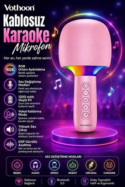 Vothoon Çocuk ve Yetişkin Karaoke Mikrofonu Kablosuz RGB Ambiyans Işığı Ses Değiştirme Modlu Hoparlör