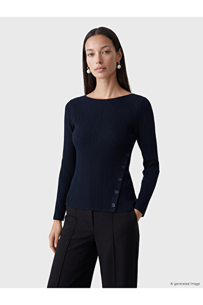 LC Waikiki Lcw Everyday Navy Blue Crew Neck Buttoned Women's Knitwear Sweater