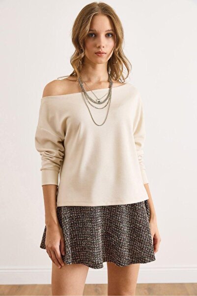 ladyzey Women's Beige Interlock Fabric Off-The-Shoulder Blouse
