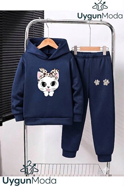 UygunModa One Cat Two Paws Printed Hooded Thick Cotton Inside Tracksuit with ...