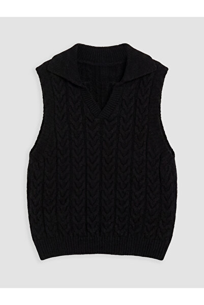 LC Waikiki Nevavm Black Polo Collar Patterned Girls' Knit Sweater
