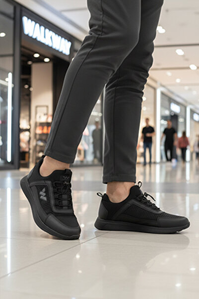 WALKWAY Black-Black Lock Lace-Up Lightweight Comfortable Sole Men's Walking a...