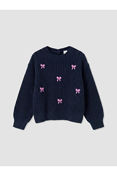 LC Waikiki Nevavm Navy Blue Oval Collar Girl's Embroidered Knit Sweater