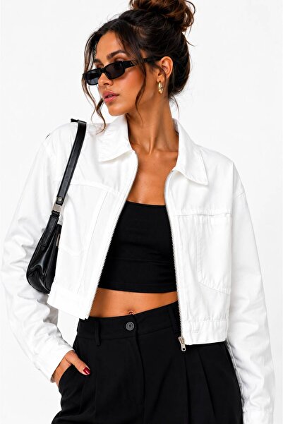 Madame Cool Beyaz Crop Fermuarlı Gömlek Yaka Ön Cepli Uzun Kollu Günlük Ceket