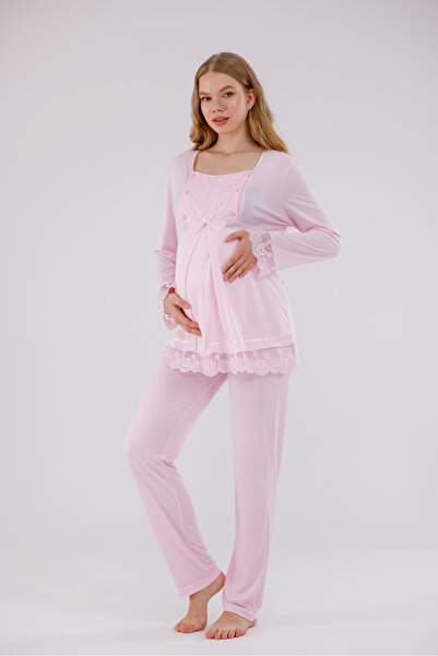 Yulem Homewear Powder Special Lace Detailed Design Cotton Long Sleeve Materni...