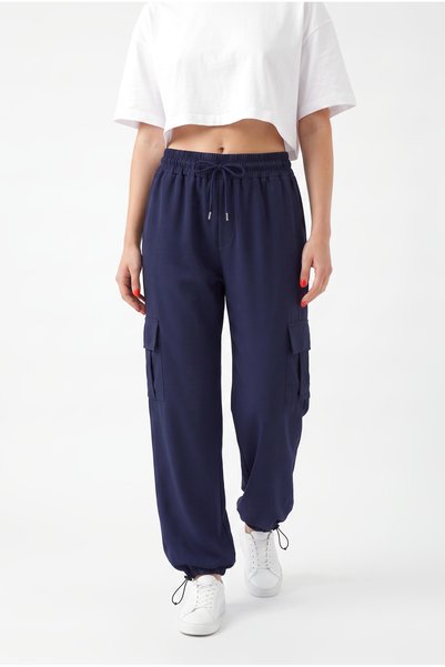 VESTRO Women's Navy Blue Parachute Fabric Baggy Trousers with Commando Pocket...