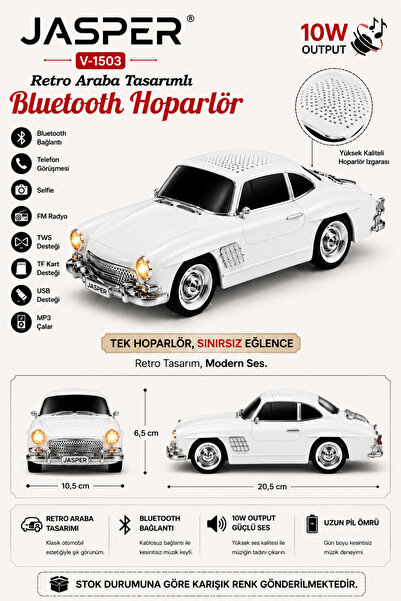JASPER Jpr-1503 Beyaz 10w Bluetooth Hoparlörlü Retro Araba Tasarım – Fm Radyo...