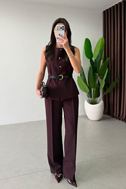 SHILSEE BEUTİQUE Women's Belt-Detached Buttoned Vest and Pants Suit in Burgundy