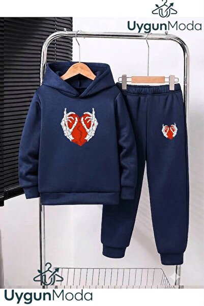 UygunModa Skeleton Heart Printed Hooded Thick Cotton Inside Lined Sweatpants ...