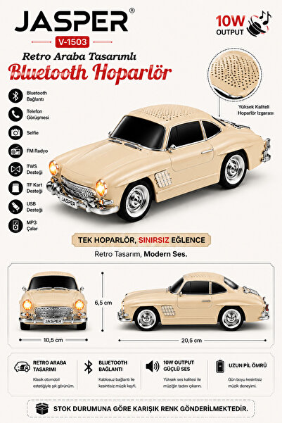 JASPER Jpr-1503 Bej 10w Bluetooth Hoparlörlü Retro Araba Tasarım – Fm Radyo, ...