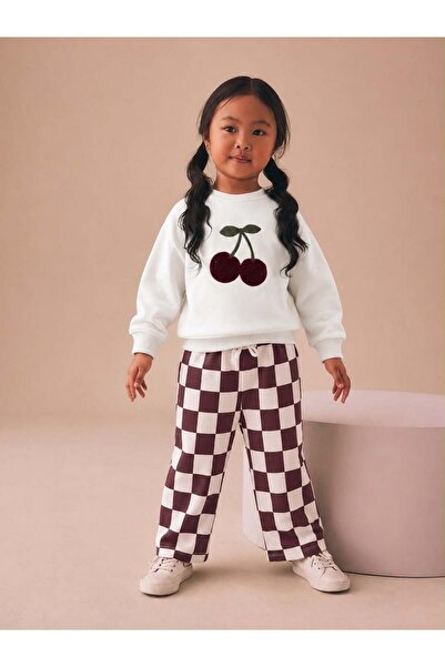 Monila Girl's Cherry Embroidered 3 Thread Fabric Cotton Tracksuit Set