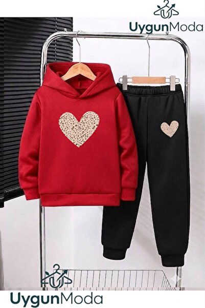 UygunModa Winter Leopard Heart Printed Hooded Thick Cotton Inside Track Suit ...