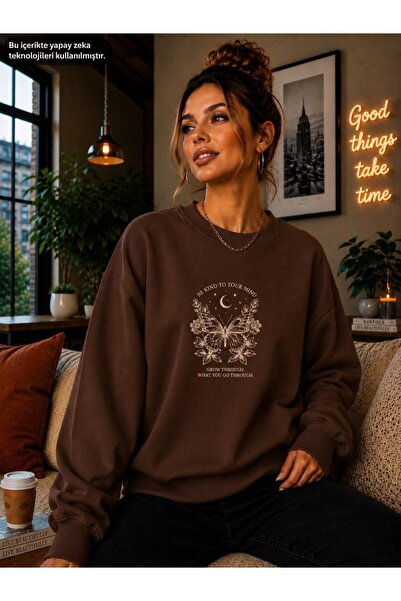 caddekombin Women's Be Kind Written Butterfly and Flower Graphic Printed Roun...