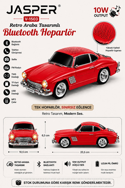 JASPER Jpr-1503 Kırmızı 10w Bluetooth Hoparlörlü Retro Araba Tasarım – Fm Rad...