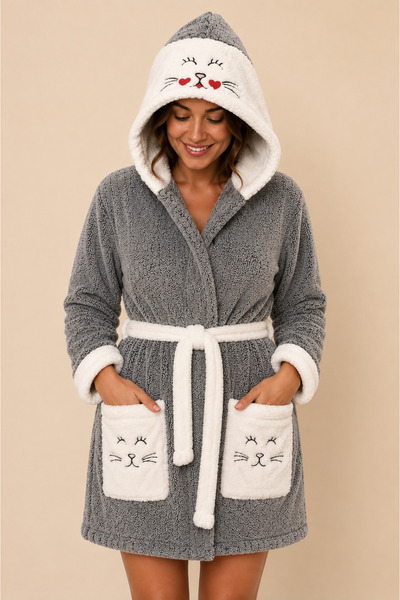 Rebeka Home Collection Miuu Plush Welsoft Hooded Robe with Cat Detail Soft Ho...
