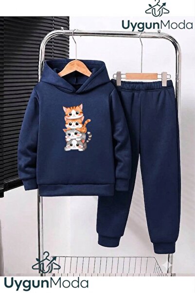 UygunModa 4Cats Printed Hooded Thick Cotton Inside Sweatpants with Pockets Ch...