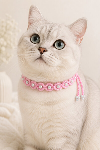 NEHOLİA Hand Knitted Cat Neck Accessory Pink Pearl Beaded Lace-Up Handmade De...