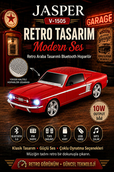 JASPER Jpr-1505 Kırmızı 10w Bluetooth Hoparlörlü Retro Araba Tasarım – Fm Rad...