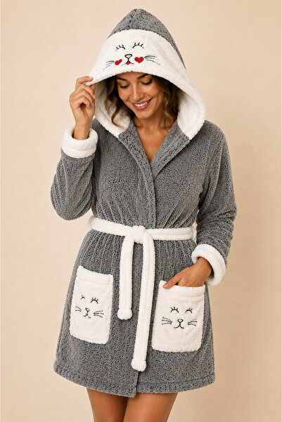 Rebeka Home Collection Miu Peluş Welsoft Kapüşonlu Sabahlık Kedi Detaylı Yumu...