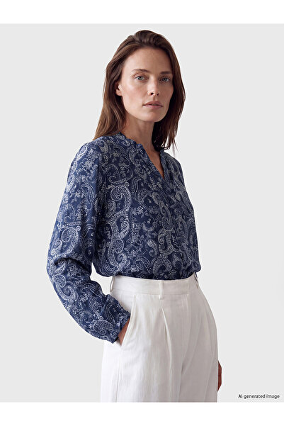 LC Waikiki Lcw Grace Navy Blue Ruffled Collar Patterned Women's Shirt