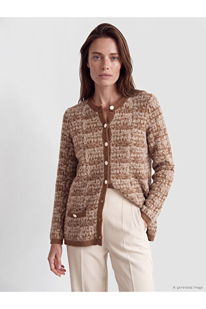 LC Waikiki Lcw Grace Brown Crew Neck Plaid Patterned Women's Knitwear Cardigan