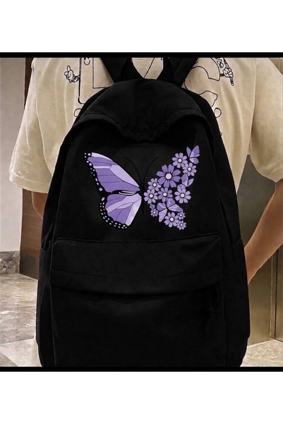 nesebutik Black Butterfly Printed School, Class, Course, Sports Backpack