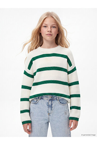 LC Waikiki Green Crew Neck Striped Girls' Knit Sweater