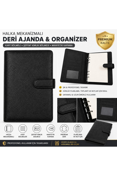 Libra Siyah Deri Ajanda Organizer Halka Mekanizmalı Kart Bölmeli Manyetik Kap...