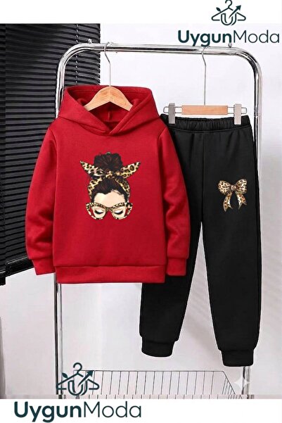 UygunModa Kurdale Girls' Printed Hooded Thick Cotton Inside Track Suit with P...