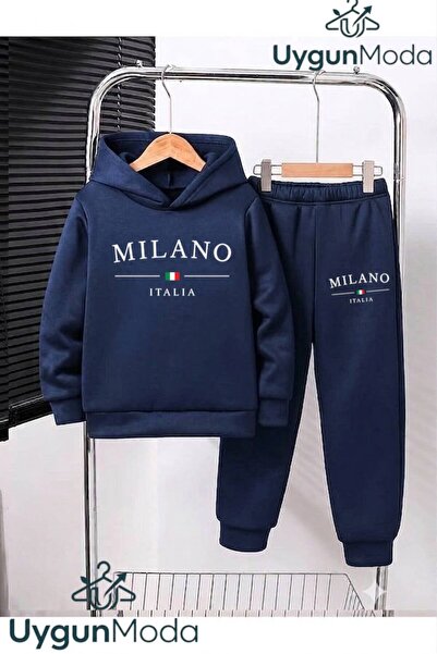 UygunModa Milano Italy Printed Hooded Thick Cotton Inside Tracksuit with Pock...
