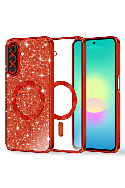Techsuit Калъф за Samsung Galaxy A27 5G, Луксозен брокатен MagSafe, червен