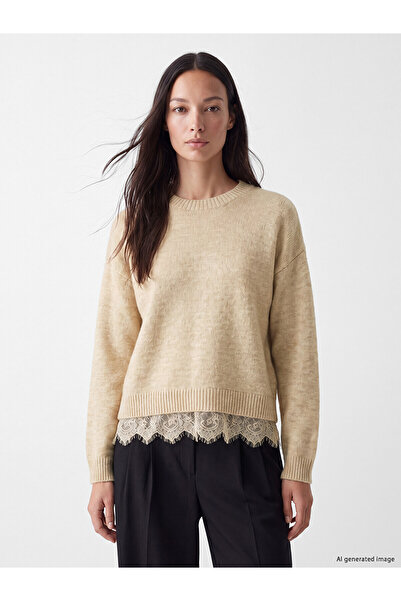LC Waikiki Nevavm Beige Oval Collar Lace Detailed Women's Knitwear Sweater wi...