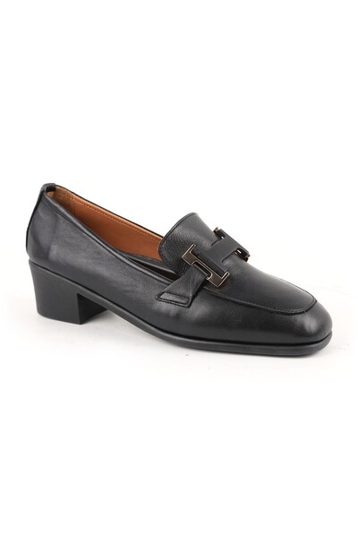 Libero Women's Heeled Loafer Black Genuine Leather Blunt Toe Metal Buckle Sho...