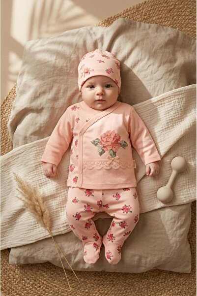 Sinem Çeyiz My Baby 883 Salmon Flower Embroidered 3-Piece Newborn Bodysuit Set