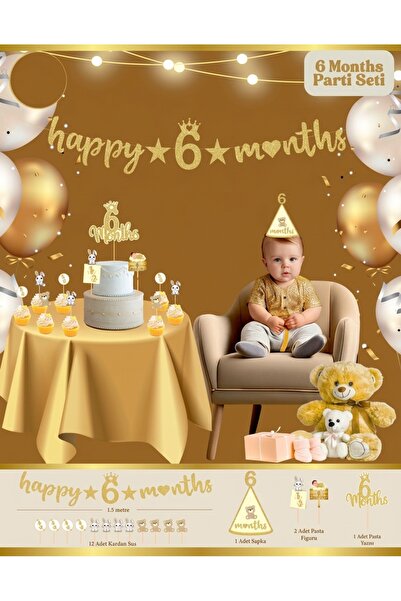 BEST PARTİ Best 6 Aylık 6 Months Bebek Partisi Kutlama Seti Gold Renk Konsept