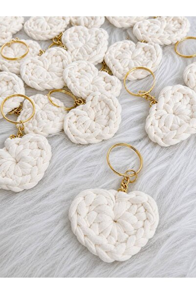 LikyaDükkan 50 Pieces Knitted Off-White Heart Keychain