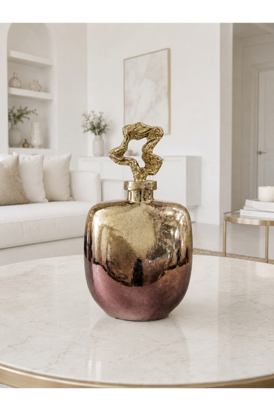Hinora Home Dekoratif Gold Eskitme Cam Şişe Obje – Pirinç Detaylı Modern Salo...