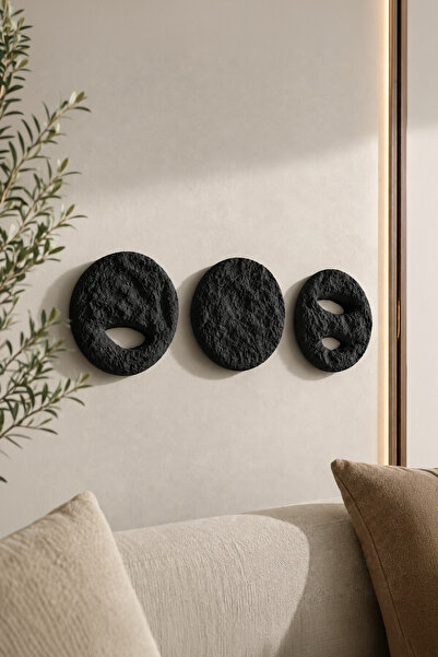 Muyika Design Wabi Sabi Duvar Dekoru 3'lü Set Siyah Beton Taş Görünümlü Dokul...