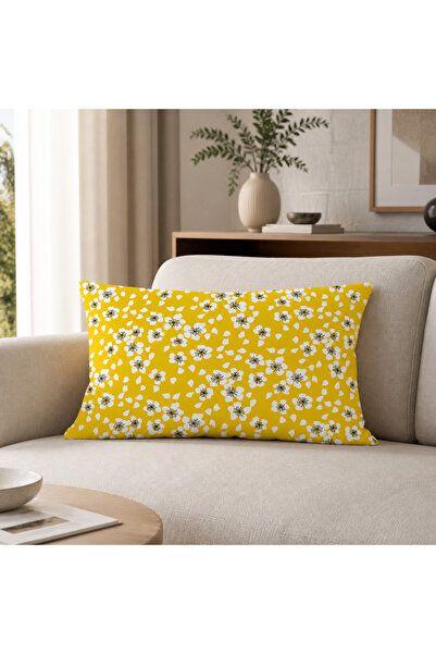 REM HOME Sarı Zeminli Çiçek Desenli Dekoratif Dikdörtgen Kırlent Kılıfı