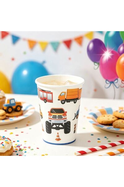 idei Paper party cups 10 pieces, height 9 cm, print with cars and trucks, dis...