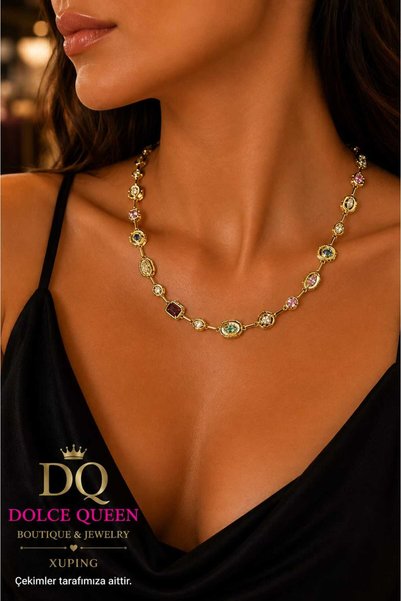 DOLCE QUEEN Women's Gold Color Xuping Multi-Colored Stone Chain Necklace