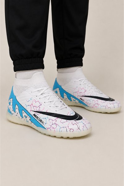 Jagulep Men's High Ankle Football Turf Field Shoes with Socks White - Blue