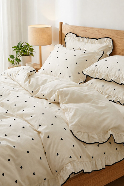 Ricco Lifes Ruffled Cotton Black Heart Double Duvet Cover Set